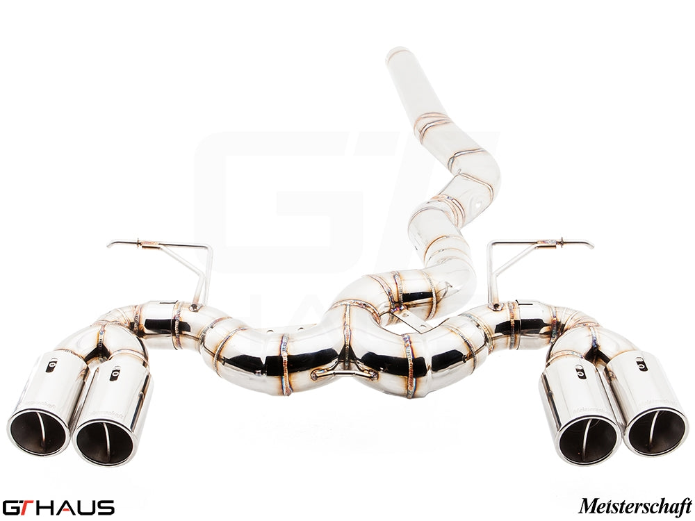 Premium performance exhaust system for BMW F30/F31/F34/F36 335i/340i/xi, featuring stainless steel construction and dual tips.