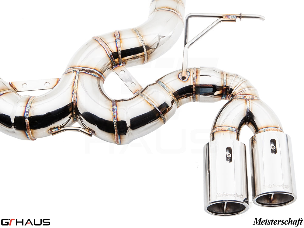 Premium Meisterschaft exhaust system for BMW F30/F31/F34/F36 335i/340i, showcasing polished stainless steel construction.