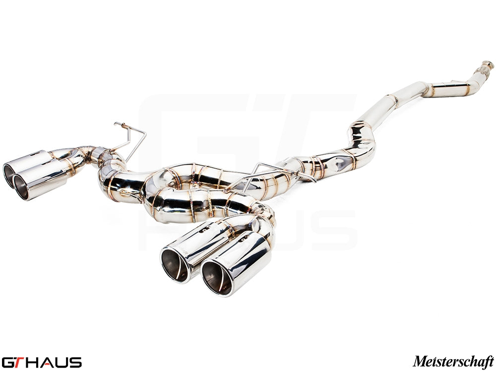 Premium exhaust system for BMW F32/F33 4 Series 435/440i/xi, featuring polished stainless steel and quad tips.