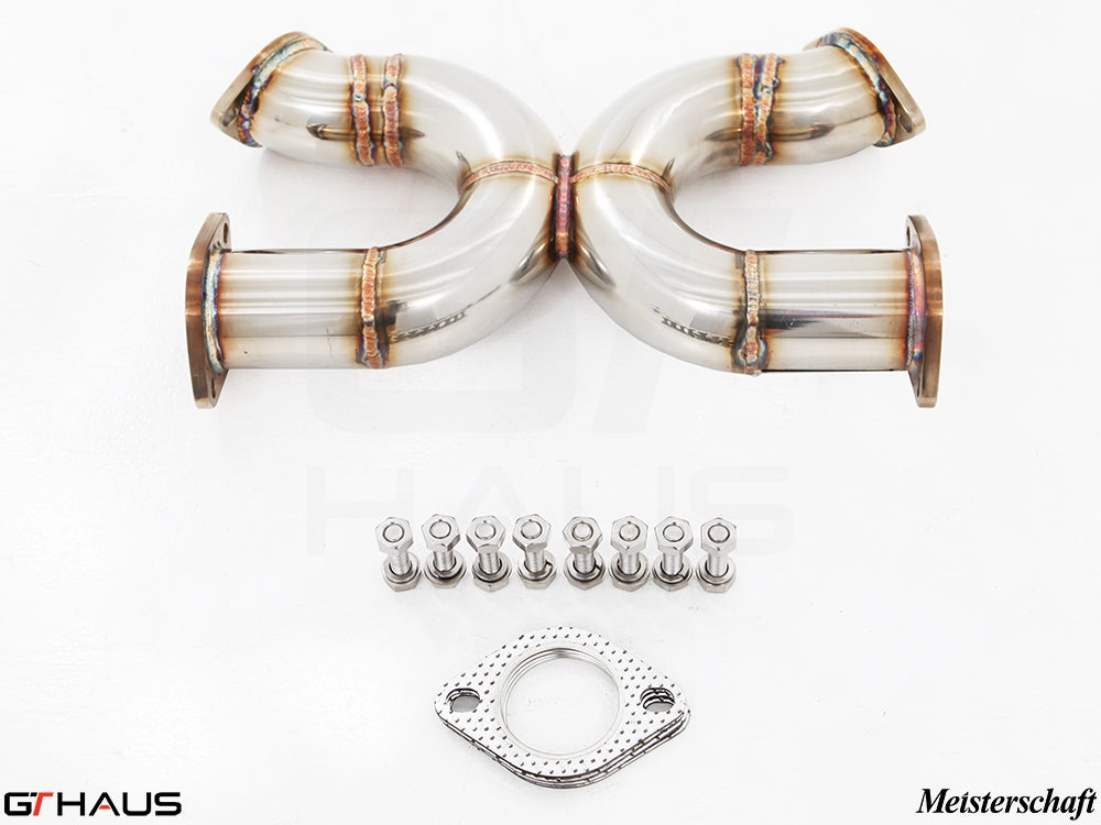 Lightweight performance X pipe upgrade for BMW F80/82/83 M3/M4, featuring stainless steel construction and hardware.