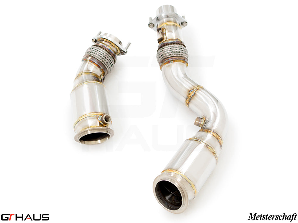 Premium down pipes for BMW F80/82/83 (M3/M4) 2014-2020 with 400 CEL sport cats and 90mm piping for enhanced performance.