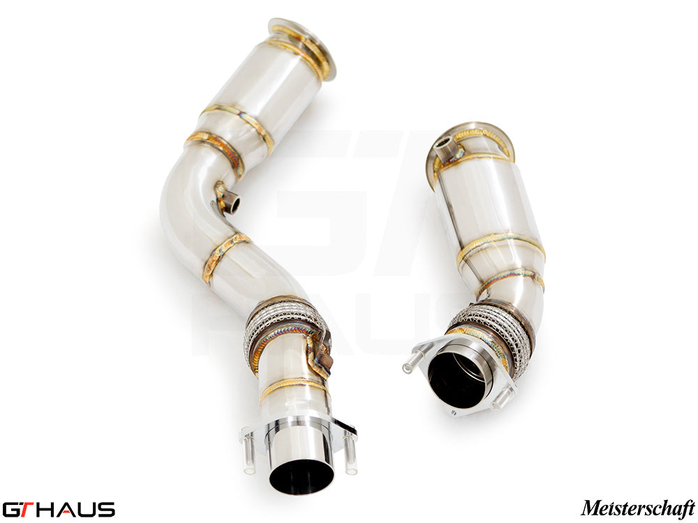 Premium down pipes for BMW F80/82/83 M3/M4 (2014-2020) featuring 400 CEL sport cats and 90mm piping for enhanced performance.