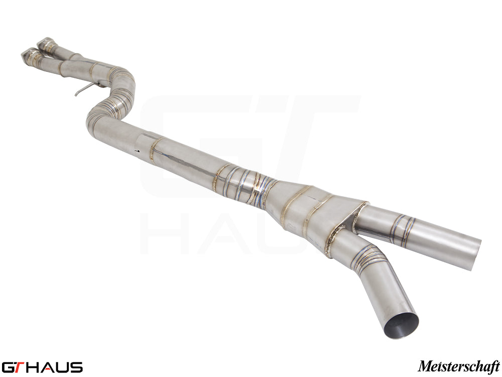 Premium cat-back LX pipe for BMW F80/82/83 M3/M4, featuring single 90mm piping and Velocity box for enhanced performance.