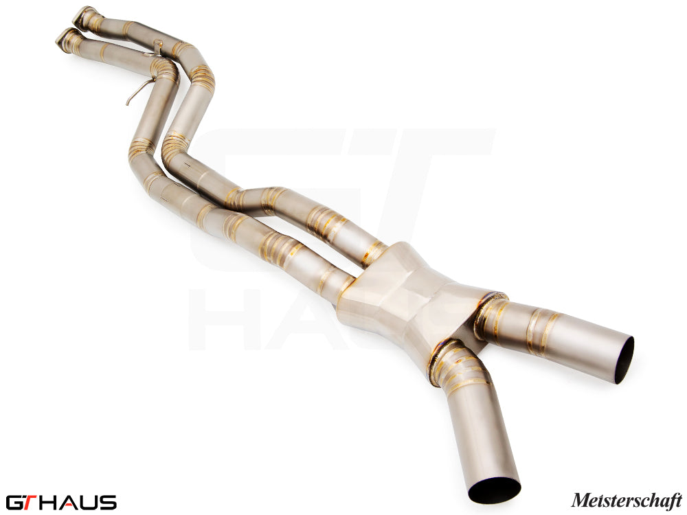 Premium full cat-back LX pipes for BMW F80/82/83 M3/M4, featuring dual 65mm piping and a Velocity box for enhanced performance.