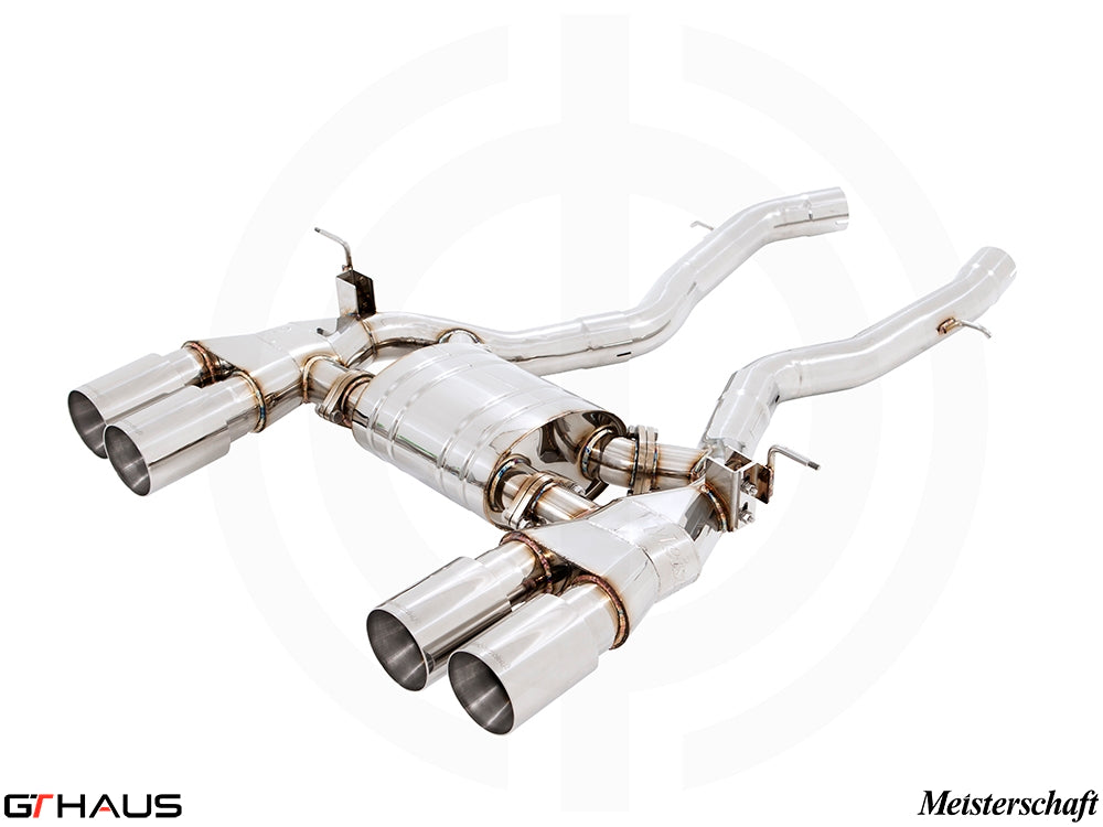 Premium performance exhaust system for BMW F80/82/83 M3/M4, featuring stainless steel construction and quad tips.