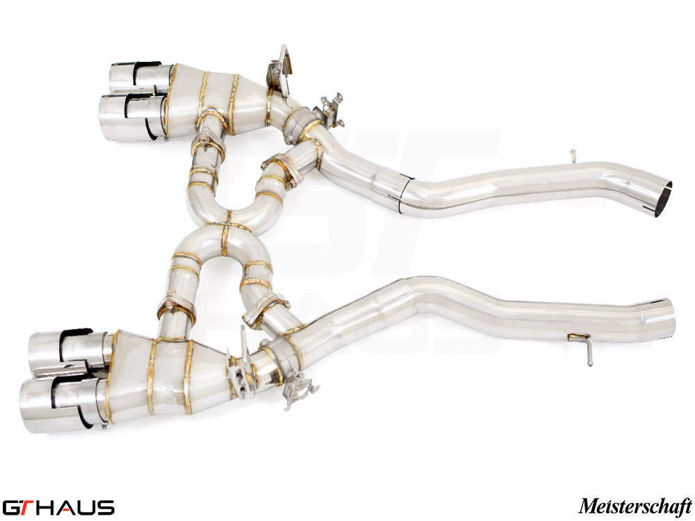 Premium Meisterschaft exhaust system for BMW F80/82/83 M3/M4, featuring stainless steel construction and performance design.