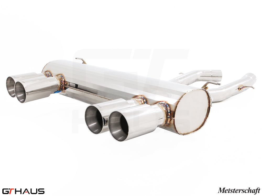 Premium Meisterschaft exhaust system for BMW F80/82/83 M3/M4, featuring polished stainless steel and quad tips.