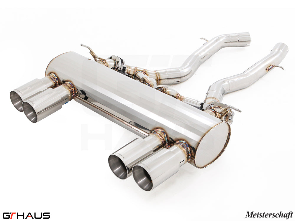 Premium performance exhaust system for BMW F80/82/83 M3/M4, featuring stainless steel construction and quad tips.