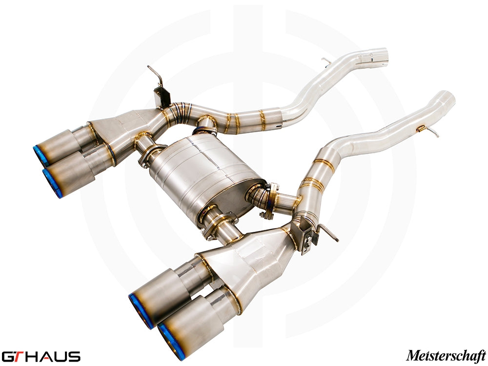 Premium exhaust system for BMW F80/82/83 M3/M4, featuring stainless steel construction and quad tips for enhanced performance.