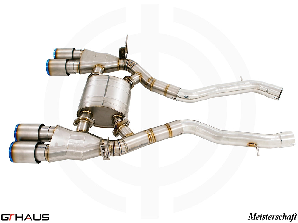 Premium Meisterschaft exhaust system for BMW F80/82/83 M3/M4, featuring stainless steel construction and quad tips.