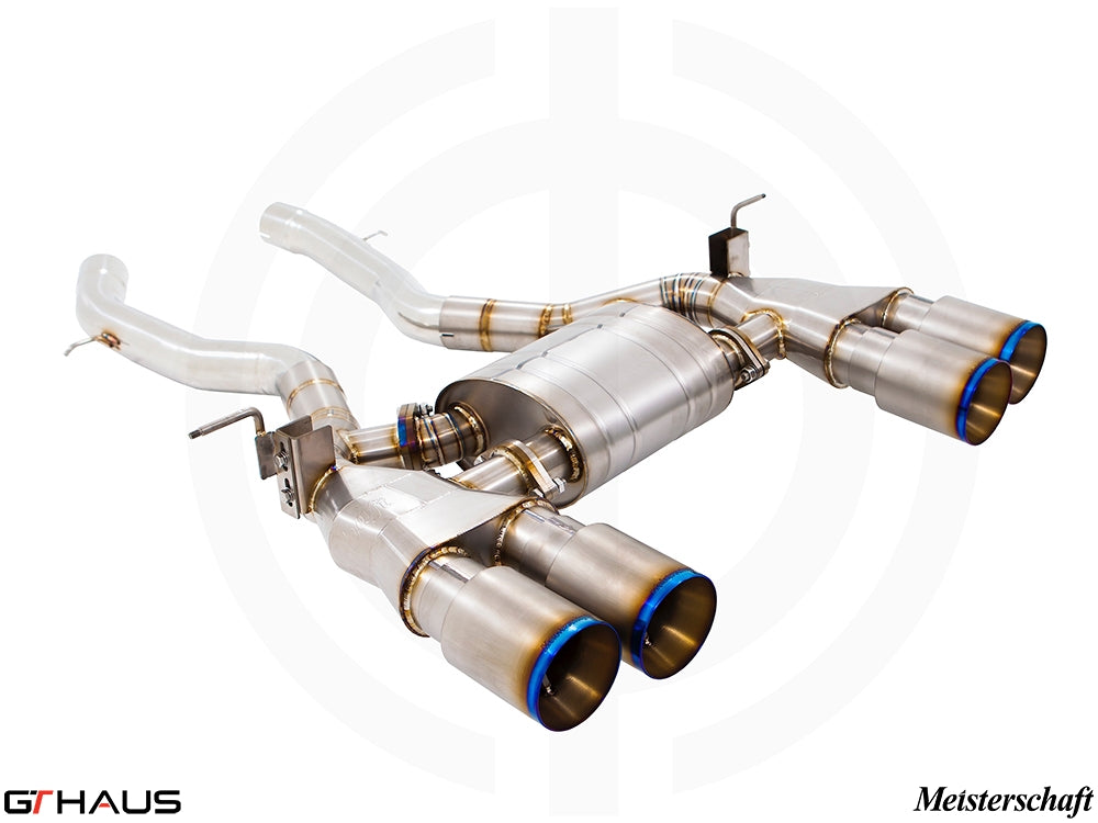 Premium Meisterschaft exhaust system for BMW F80/82/83 M3/M4, featuring stainless steel construction and quad tips.