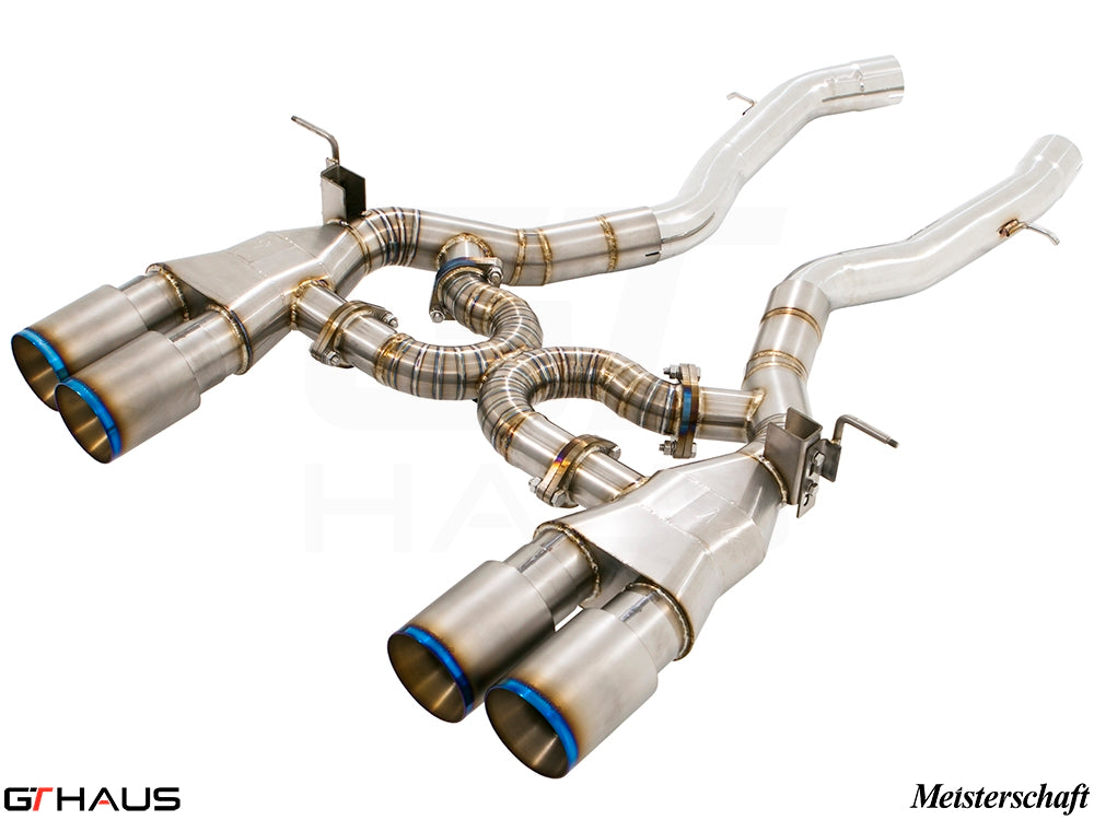 Premium performance exhaust system for BMW F80/82/83 M3/M4, featuring stainless steel construction and dual tips.