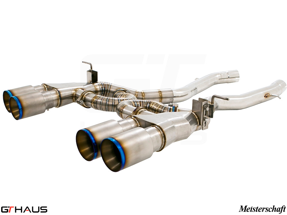 Premium Meisterschaft exhaust system for BMW F80/82/83 M3/M4, featuring stainless steel construction and quad tips.