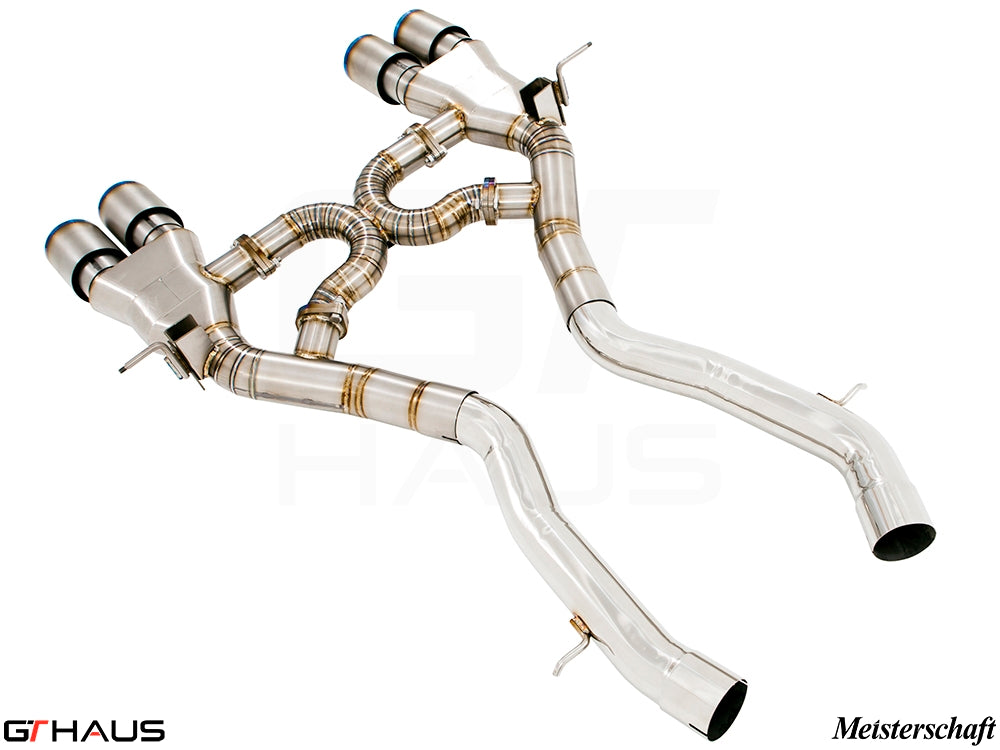 Premium Meisterschaft exhaust system for BMW F80/82/83 M3/M4, featuring high-quality stainless steel construction and dual tips.