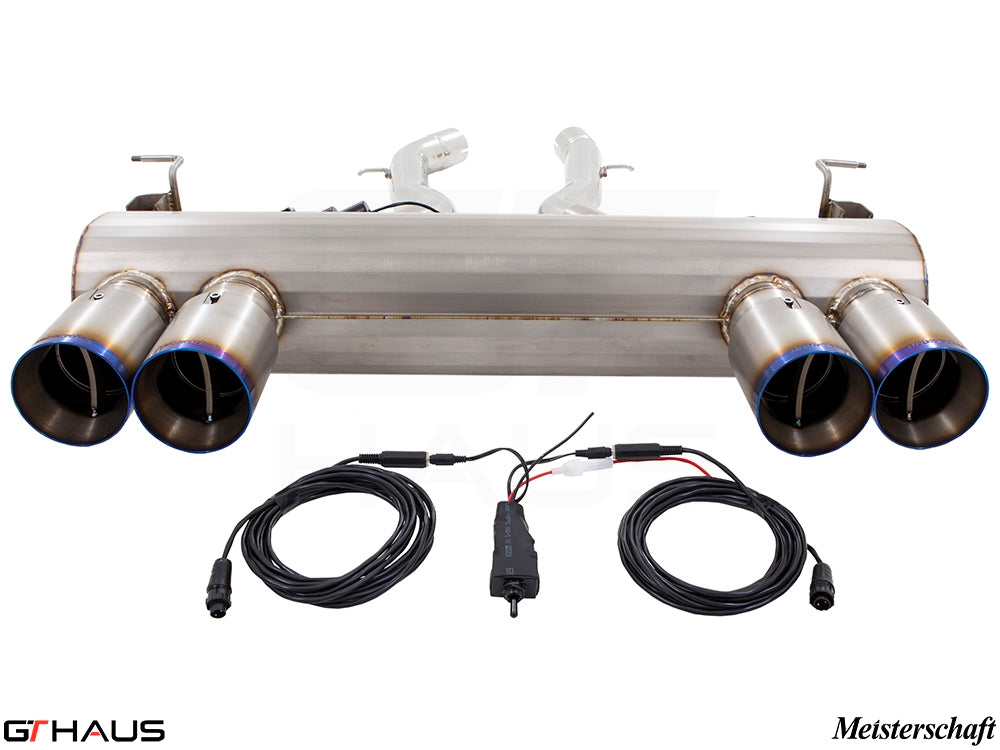 Premium exhaust system for BMW F80/82/83 M3/M4, featuring quad tips and electronic valve control for enhanced performance.