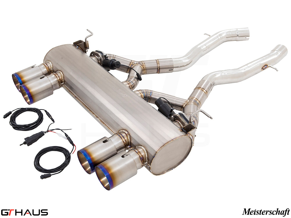 Premium Meisterschaft exhaust system for BMW F80/82/83 M3/M4, featuring I-6 Turbo design and electronic valve control.