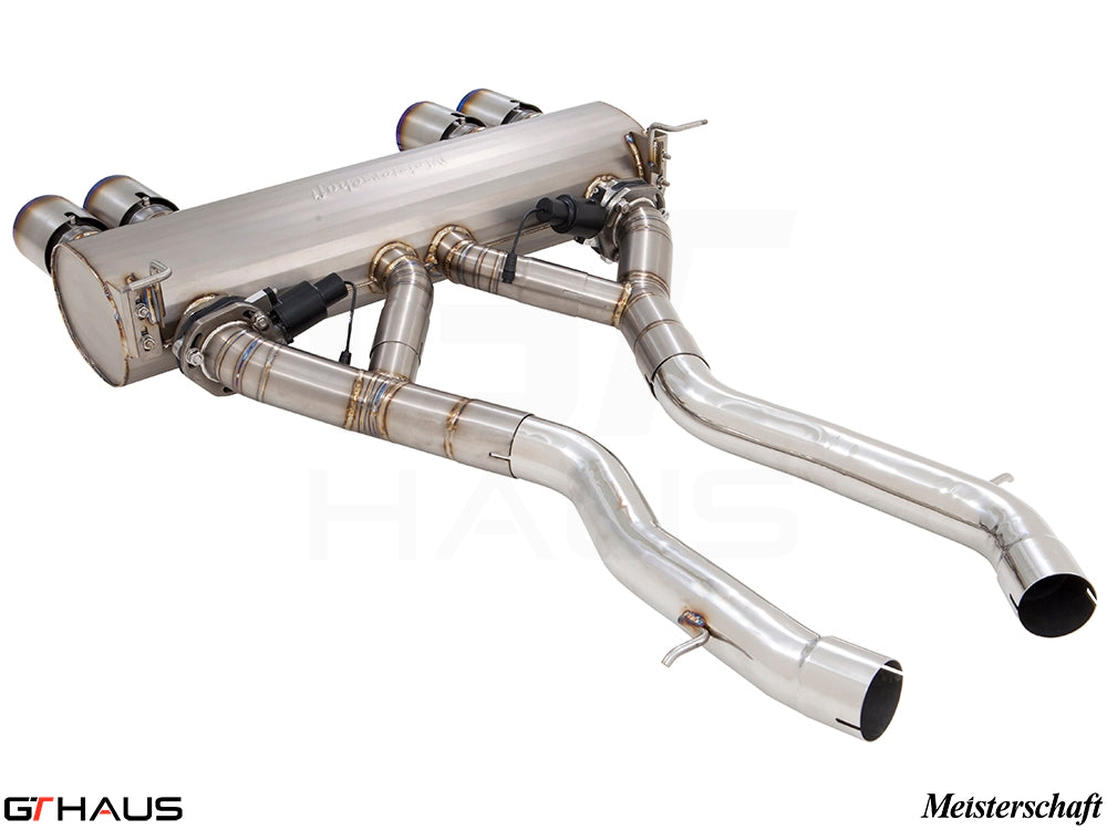 Premium Meisterschaft exhaust system for BMW F80/82/83 M3/M4, featuring stainless steel construction and electronic valve control.