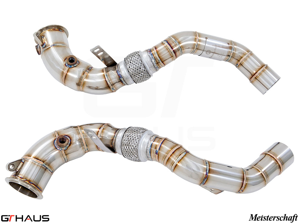 BMW F85 X5M 2015-2019 down pipes with 400 CEL sport cats and 90mm piping for enhanced performance and sound.