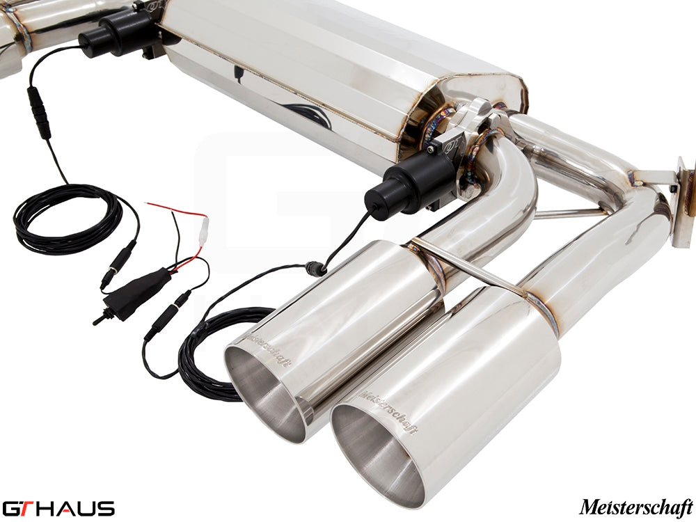 Premium Meisterschaft exhaust system for BMW F85 X5M, featuring dual polished tips and electronic valve control.