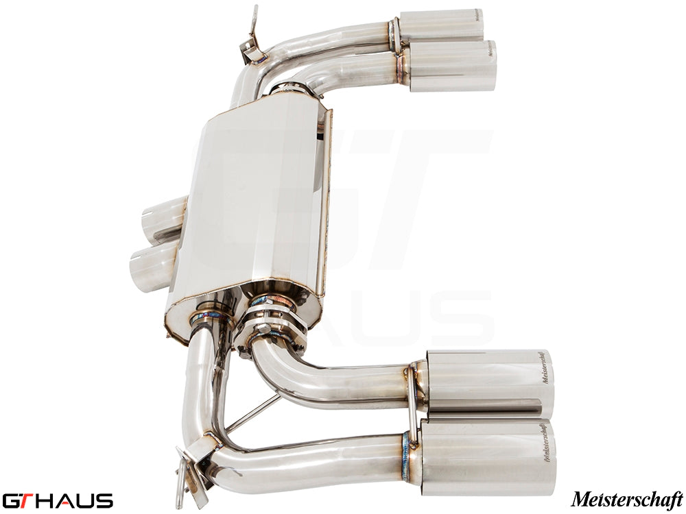 Premium performance exhaust system for BMW F85 X5M, featuring stainless steel construction and quad tips.