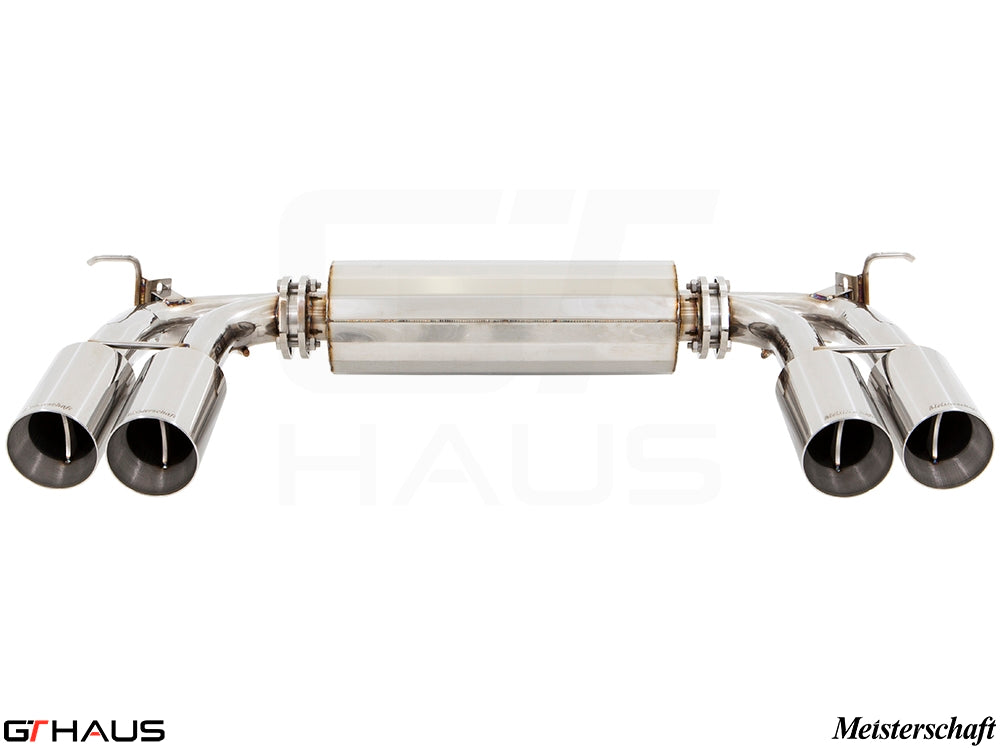 Premium exhaust system for BMW F85 X5M, featuring polished stainless steel and quad tips for enhanced performance.