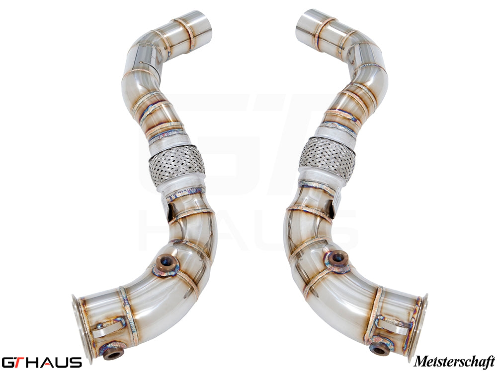 Premium down pipes for BMW F86 X6M (2015-2019) featuring 90mm piping and 400 CEL sport cats for enhanced performance.