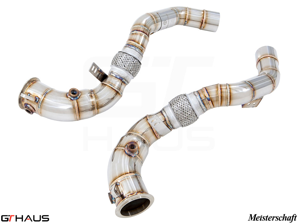Premium down pipes for BMW F86 X6M 2015-2019, featuring 90mm piping and 400 CEL sport cats for enhanced performance.