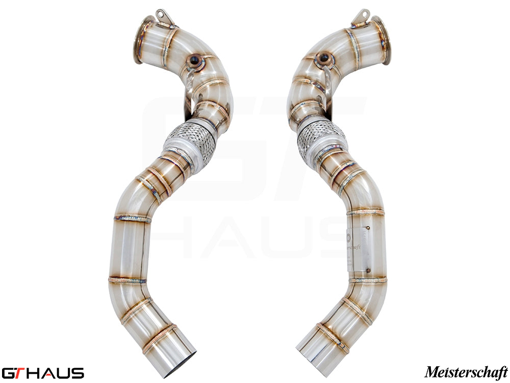 Premium down pipes for BMW F86 X6M (2015-2019) featuring 90mm piping and 400 CEL sport cats for enhanced performance.