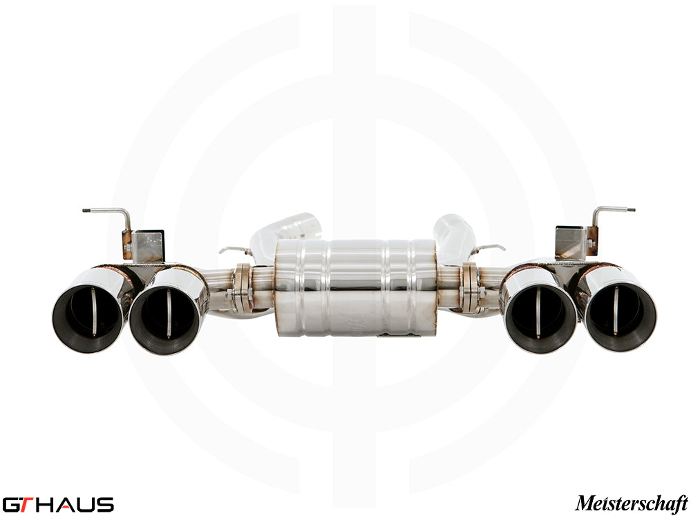 Premium exhaust system for BMW F87 M2, M2 Competition, and M2 CS Coupe, featuring polished stainless steel and quad tips.