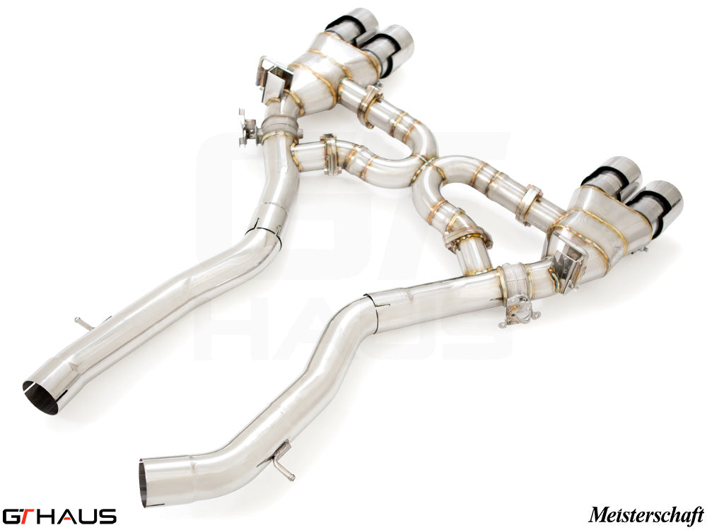 Premium stainless steel exhaust system for BMW F87 M2, M2 Competition, and M2 CS Coupe, featuring dual tips and performance design.