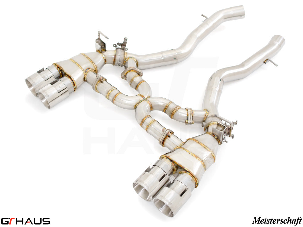 Premium performance exhaust system for BMW F87 M2 models, featuring stainless steel construction and dual tips.