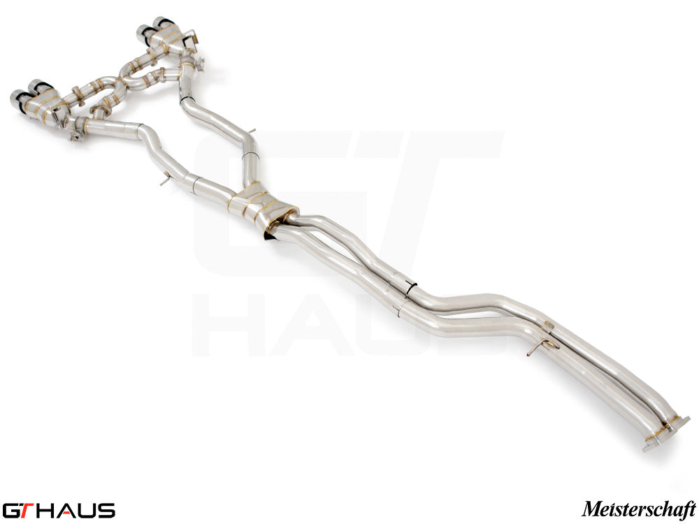 Premium stainless steel exhaust system for BMW F87 M2, M2 Competition, and M2 CS Coupe, featuring Meisterschaft design.