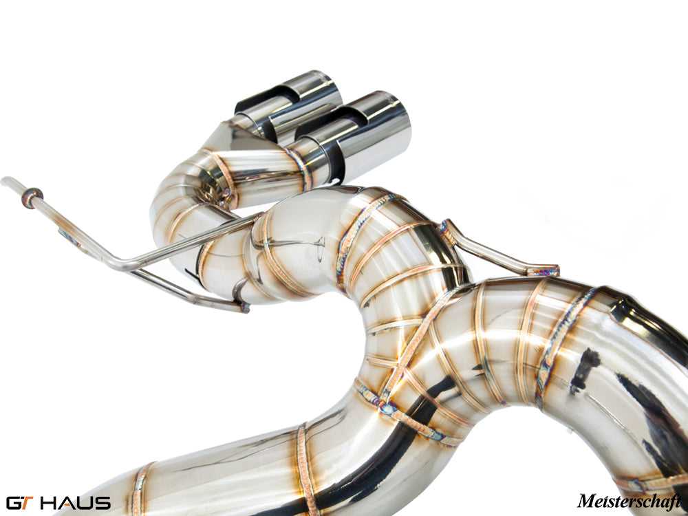 Premium exhaust system for BMW F87 M2 models, featuring polished stainless steel construction and precision welding.