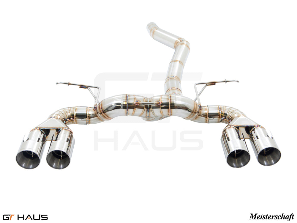 Premium exhaust system for BMW F87 M2, M2 Competition, and M2 CS Coupe, featuring polished stainless steel and quad tips.