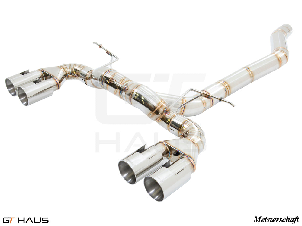 Premium performance exhaust system for BMW F87 M2, M2 Competition, and M2 CS, featuring stainless steel construction and quad tips.