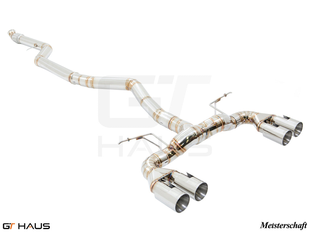 Premium exhaust system for BMW F87 M2, M2 Competition, and M2 CS Coupe, featuring stainless steel construction and quad tips.