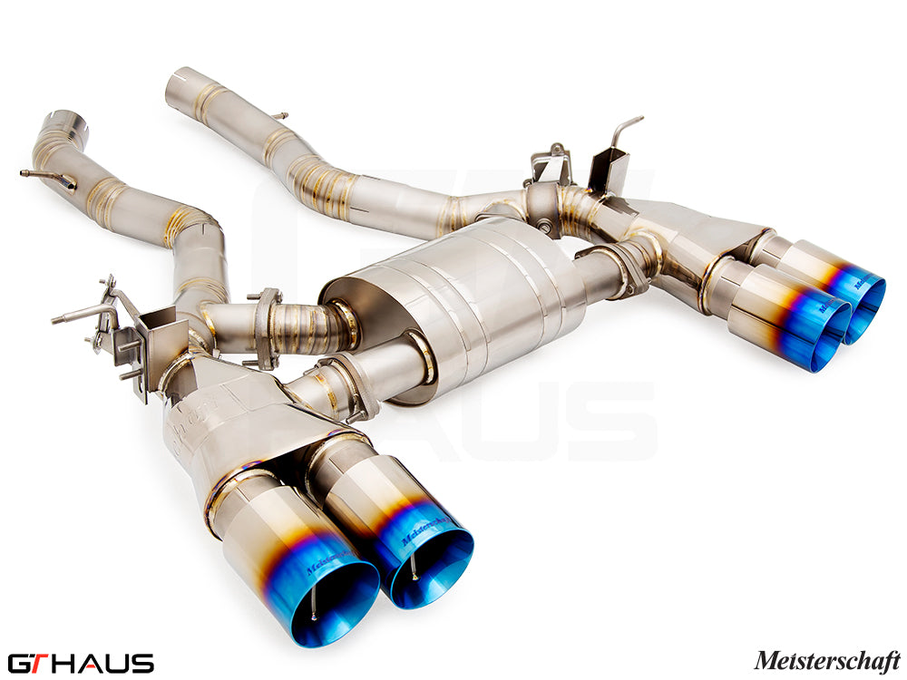 Premium performance exhaust system for BMW F87 M2, M2 Competition, and M2 CS, featuring stainless steel and titanium construction.