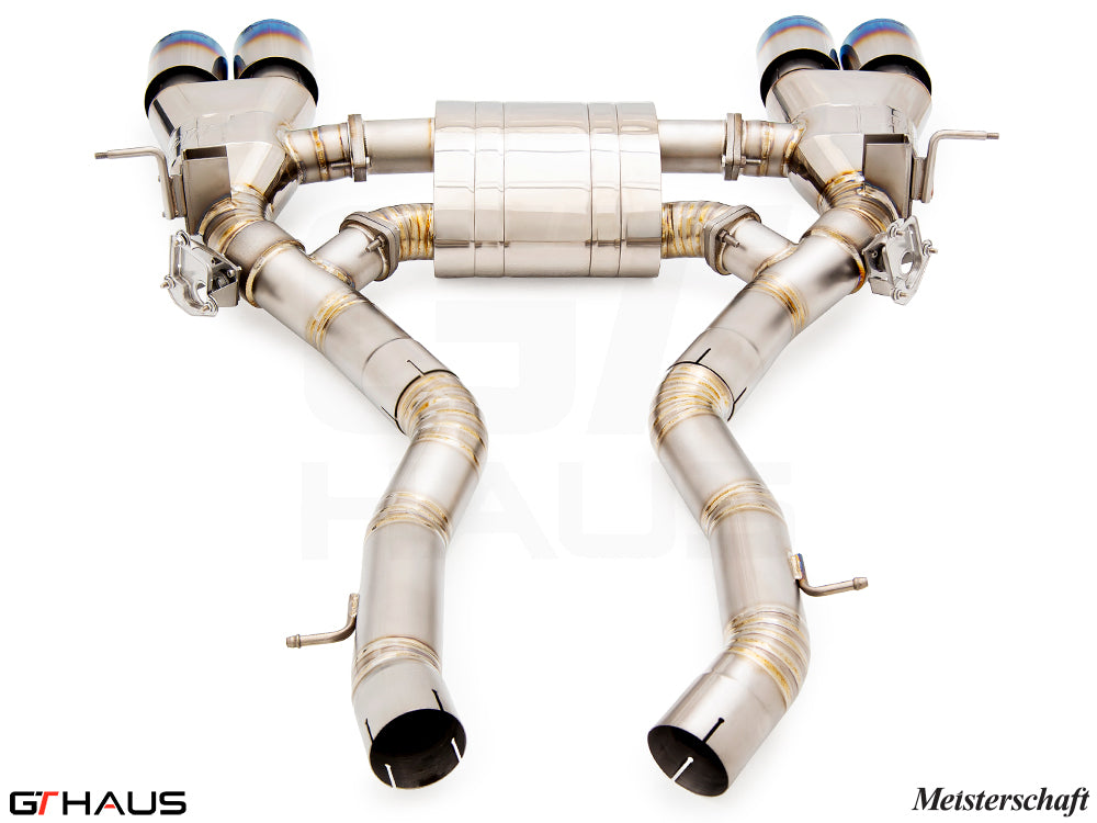 Premium performance exhaust system for BMW F87 M2, M2 Competition, and M2 CS, featuring stainless steel construction and dual tips.