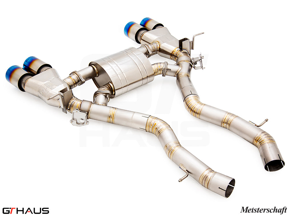 Premium Meisterschaft exhaust system for BMW F87 M2, M2 Competition, and M2 CS Coupe, featuring stainless steel construction.