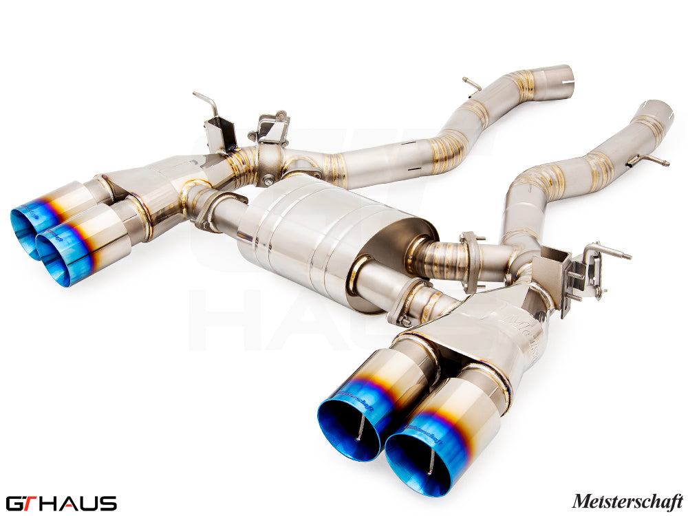 Premium exhaust system for BMW F87 M2, M2 Competition, and M2 CS Coupe, featuring stainless steel construction and dual tips.