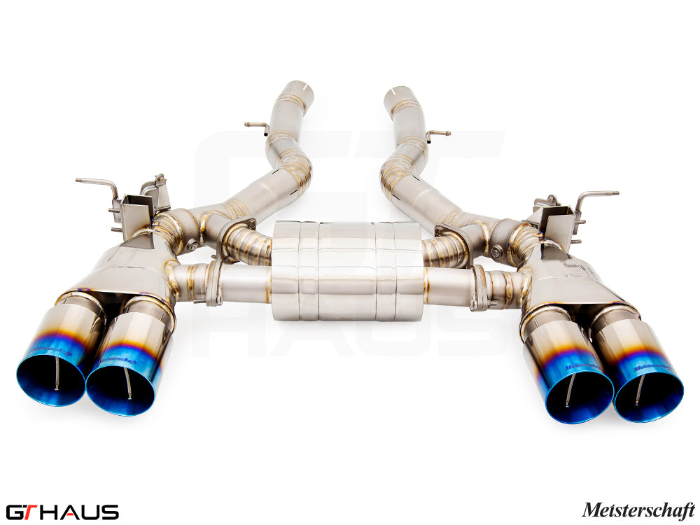 Premium performance exhaust system for BMW F87 M2, M2 Competition, and M2 CS Coupe, featuring stainless steel construction and quad tips.