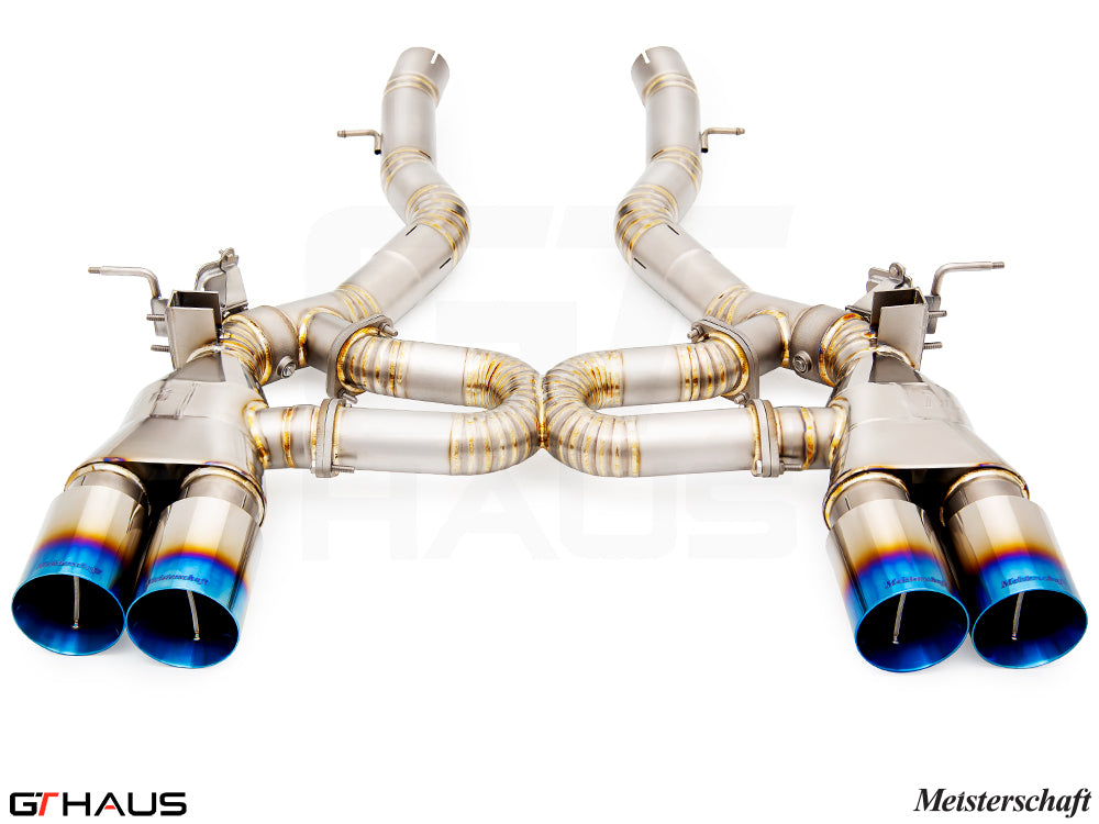 Premium performance exhaust system for BMW F87 M2 models featuring stainless steel construction and dual tips.