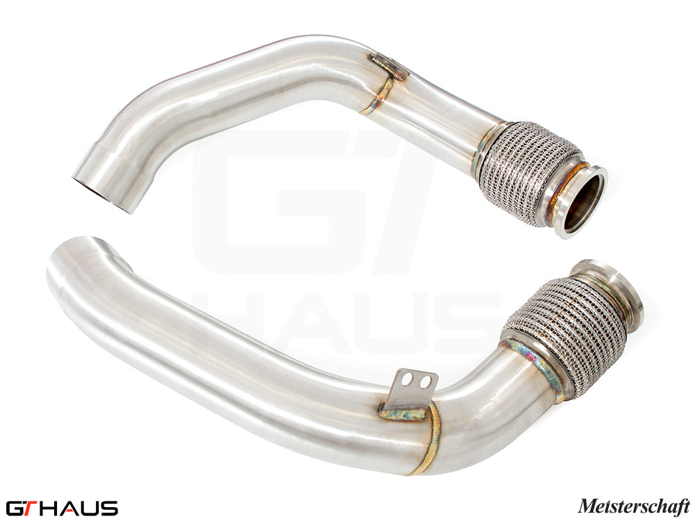High-performance down pipe for BMW F90 M5/M5 Competition 2018-2023, featuring secondary cat-delete design for enhanced exhaust flow.