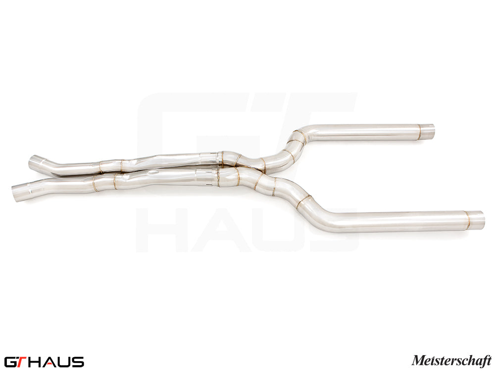 LSR mid resonator delete pipes for BMW F90 M5, 76mm full cat-back exhaust system, featuring polished stainless steel construction.