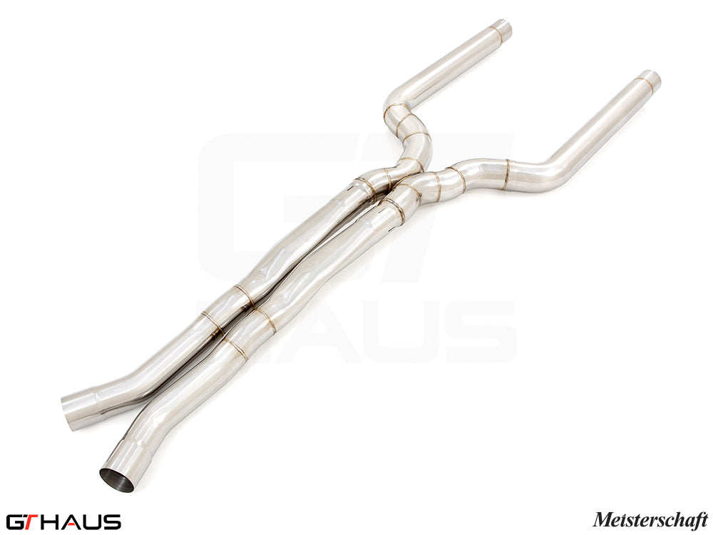 LSR mid resonator delete pipes for BMW F91/92 M8, 76mm stainless steel cat-back exhaust system. Enhanced performance and sound.