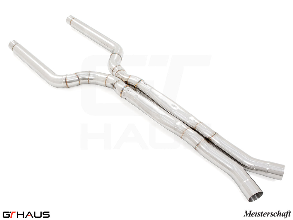 LSR mid resonator delete pipes for BMW F91/92 M8 models, featuring 76mm stainless steel piping for enhanced performance.