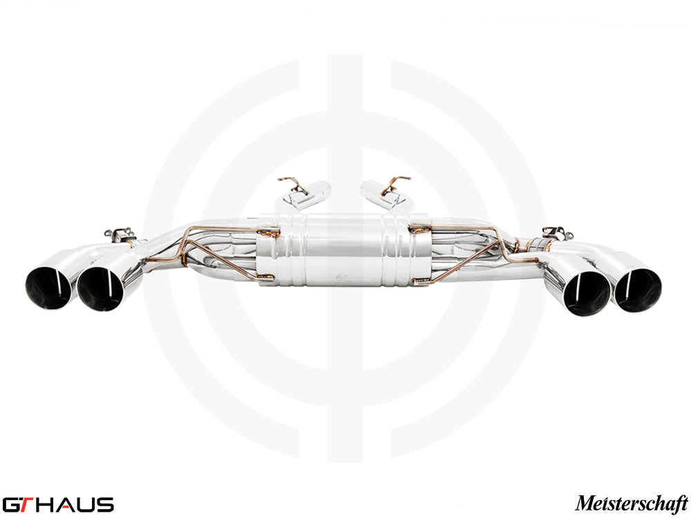 Premium Meisterschaft exhaust system for BMW F91/92 M8 and M8 Competition, featuring quad tips and stainless steel design.