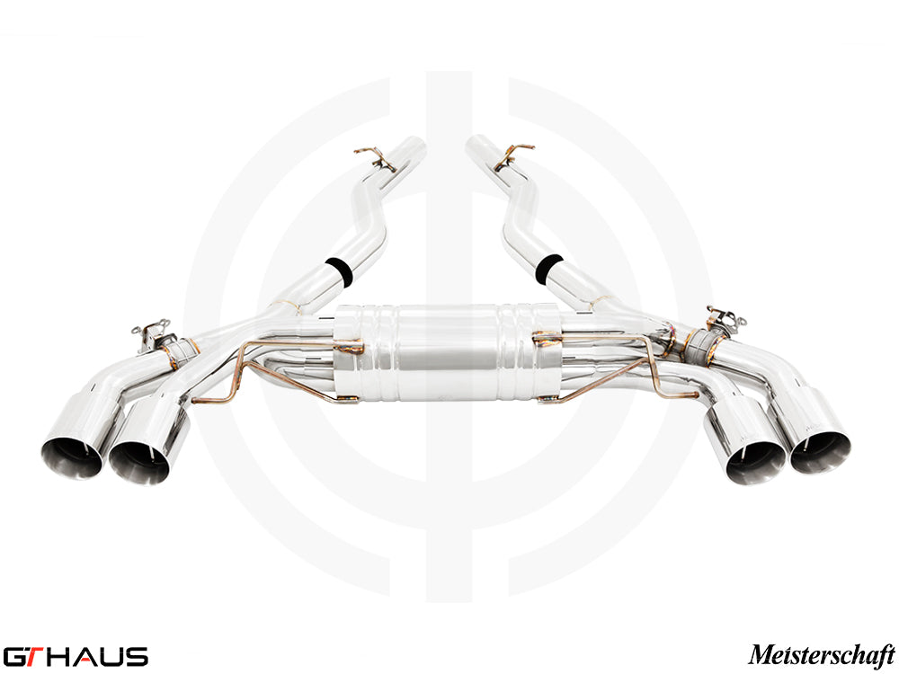 Premium Meisterschaft exhaust system for BMW F91/92 M8 and M8 Competition, featuring polished stainless steel and dual tips.