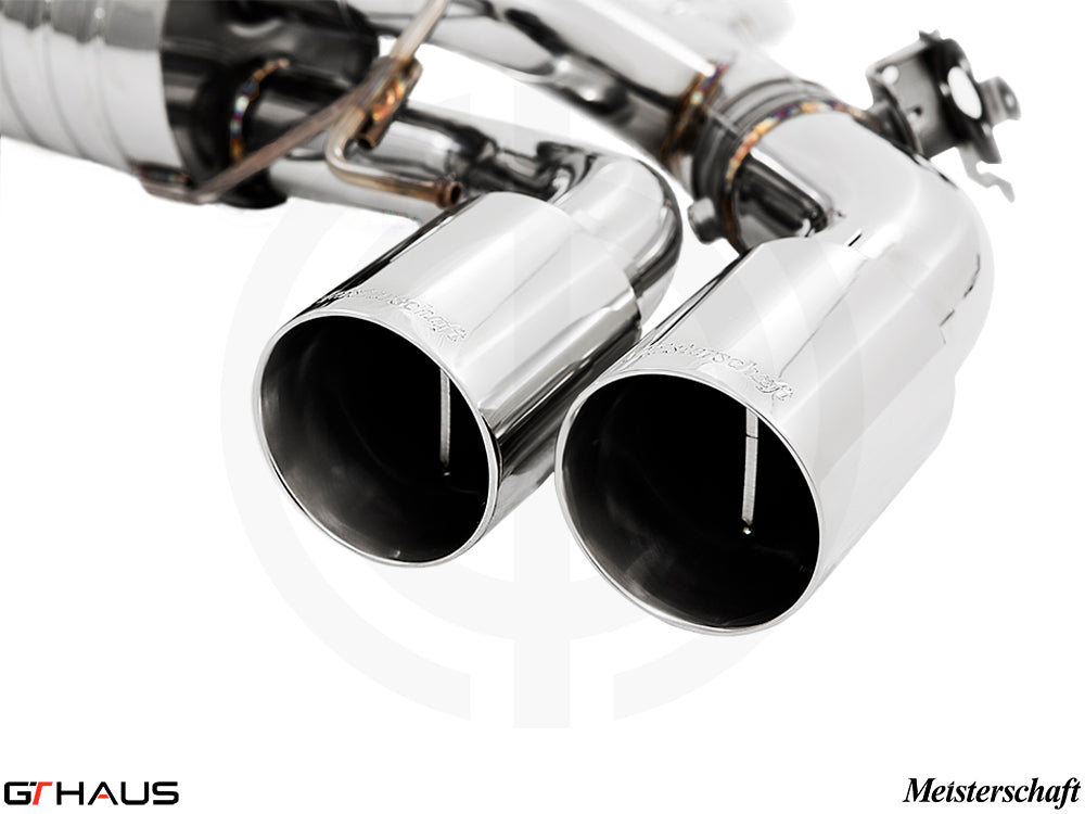 Premium exhaust tips for BMW F91/92 M8 and M8 Competition, showcasing polished stainless steel design and craftsmanship.