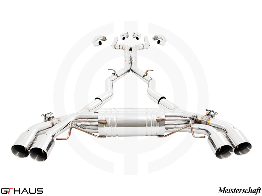 Premium exhaust system for BMW F91/92 M8 and M8 Competition, featuring polished stainless steel construction and dual tips.
